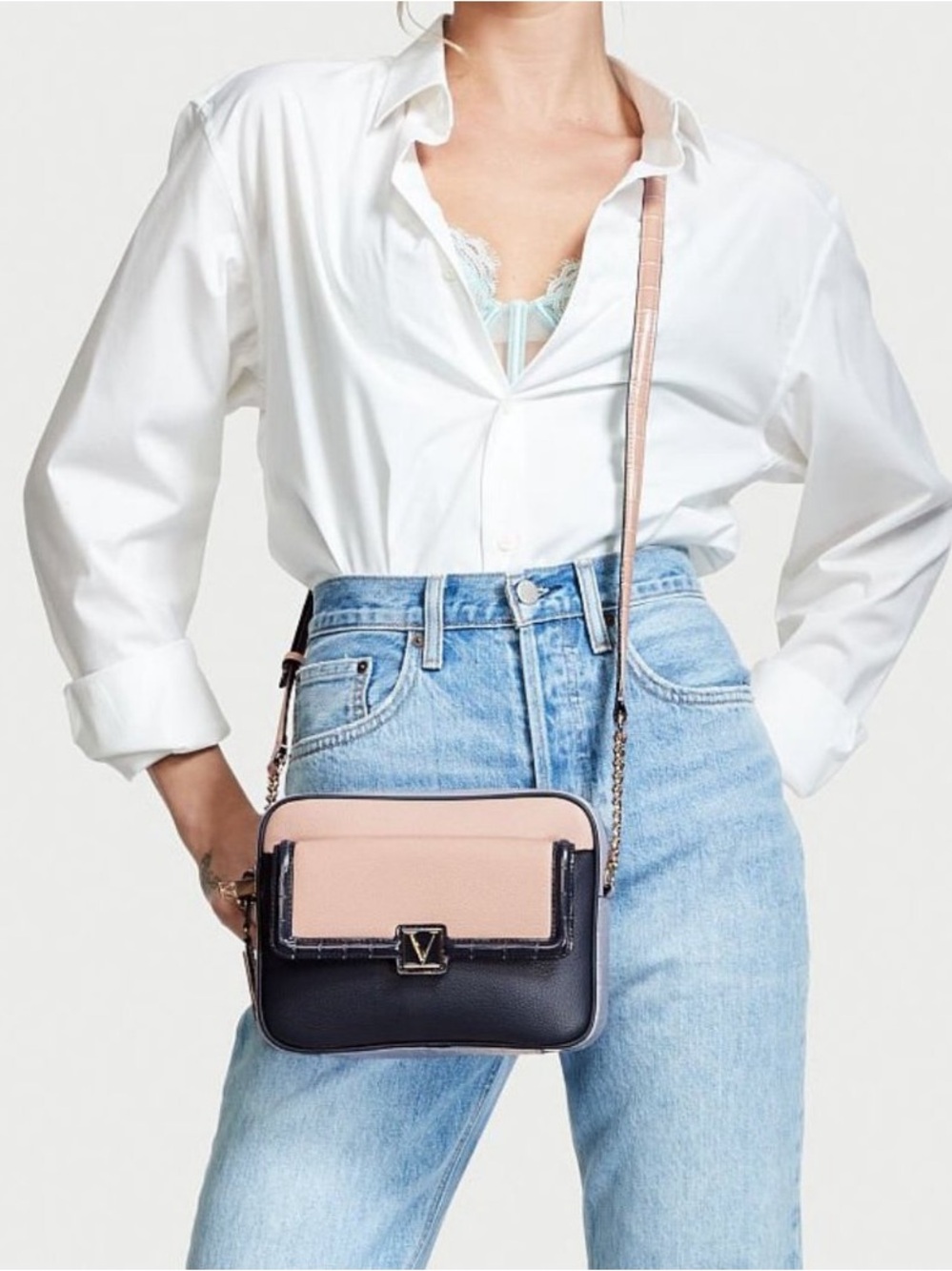 Victoria's Secret Navy and Blush Croc-Trim Crossbody